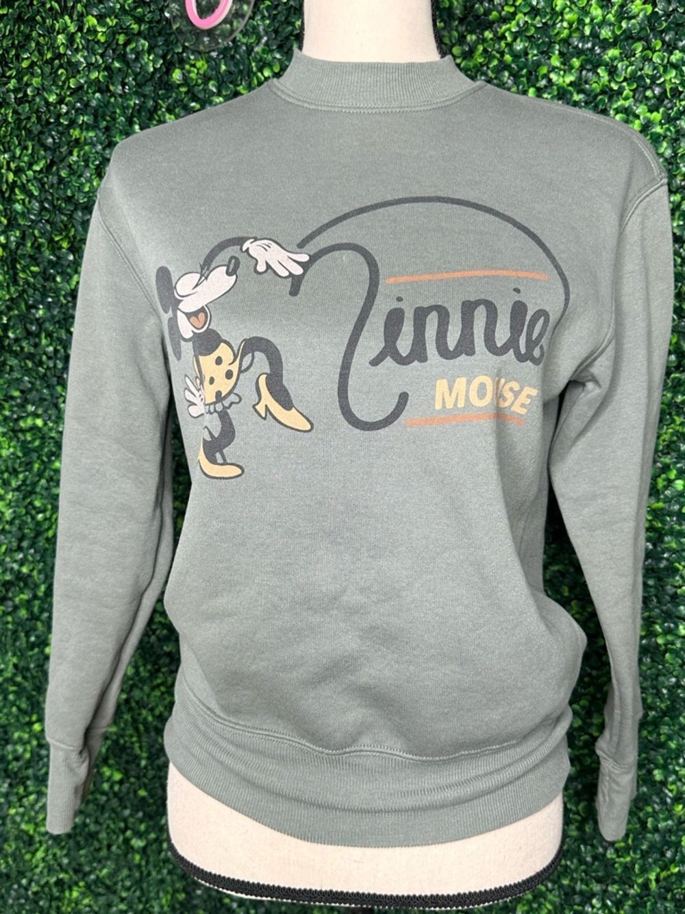 Disney Minnie Mouse Sweatshirt Olive XS Casual Graphic Crewneck